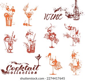 Ilustración de la plantilla de vectores a mano de vino, botella, vidrio y cóctel. Arte a la carta, tienda, mercado o venta. Con salpicaduras de vino - colorido. Colección esquemática de hojas y botellas de uva.