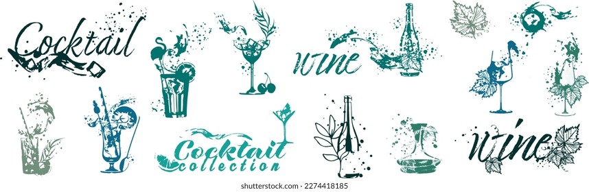 Vector hand drawn template illustration of wine, bottle, glass and cocktail. Art for menu, shop, market or sale. With wine splashes - colorful. Sketchy collection of grape leaves and bottles.