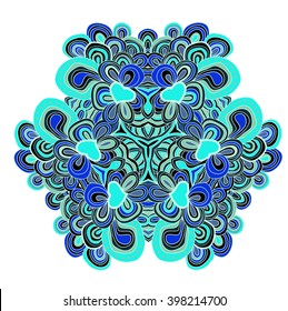 Vector hand drawn template. Lines pattern in blue colors. Mandala.
