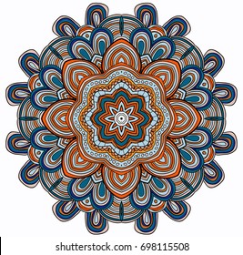 Vector hand drawn template. Lines pattern in blue colors. Mandala.
