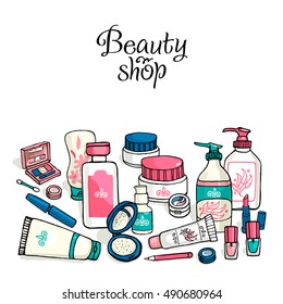 Vector hand drawn template for make-up products. Cosmetics background for corporate identity beauty shop. Printed materials for brochures, folder, flyers, banners.