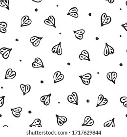 Vector hand drawn textured pattern with doodle line art heart shape and dot. Birthday, mothers day, valentine, romance. Surface pattern design.