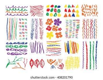 Vector hand drawn textures. Hipster grunge homemade vector hand drawn texture and drawings. Stripes, brushes, spots, blots, flowers and leaves. Vector hand drawn texture and brushstrokes.