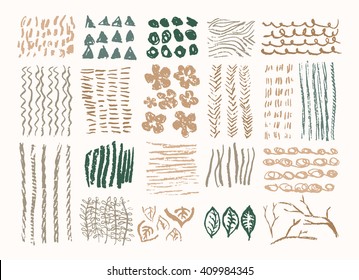 Vector hand drawn textures. Hipster grunge drawings. Stripes, brushes, spots, blots, flowers and leaves. Brushstrokes.