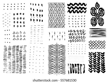 Vector hand drawn textures. Hipster grunge drawings. Stripes, brushes, spots, blots, flowers and leaves. Brushstrokes. Boho prints. Ikat isolated elements.