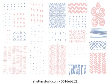 Vector hand drawn textures. Hipster grunge drawings. Stripes, brushes, spots, blots, flowers and leaves. Brushstrokes. Boho prints. Ikat isolated elements.