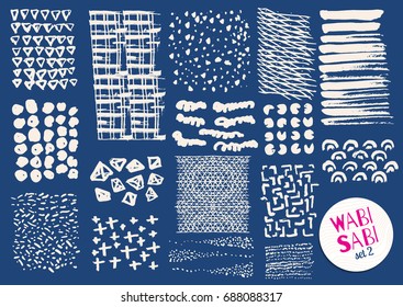 Vector de texturas dibujadas a mano. Dibujos del grunge hipster. Rayas, pinceles, manchas, manchas, puntos, triángulos, ondas y rejillas. Pinceladas japonesas. Huellas de Boho. 