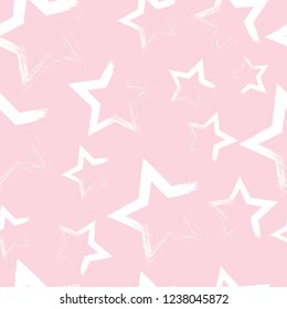 Vector hand drawn textures, pattern. Seamless, pattern, vector design elements.Ornament whith stars in grunge style.Pink background, white stars.