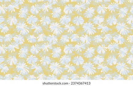  Vector hand drawn textures silhouettes shape flowers seamless pattern. Abstract blue white textured flowers on a yellow background print. Template for textile, fabric, fabric, wallpaper. 