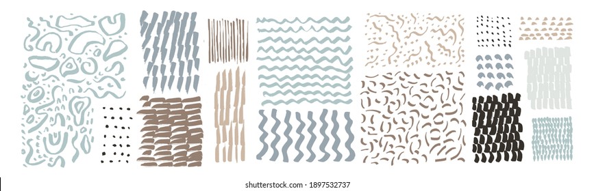 Vector hand drawn textures. Uneven natural hand-crafted lines, curved shapes, dots, daubs, smears, undulating waves, fluid shapes, patterns, organic details, brush strokes. Organic design elements