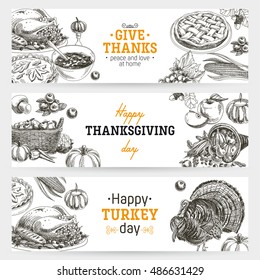 Vector hand drawn thanksgiving banners set. Vintage style illustration. Retro food background. Sketch