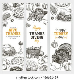 Vector hand drawn thanksgiving banners set. Vintage style illustration. Retro food background. Sketch