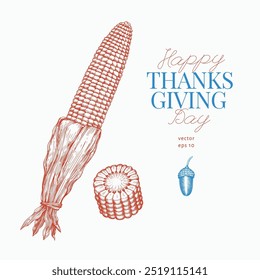 Vector Hand Drawn Thanksgiving Dinner Meal Illustration. Festive Food Illustration. Vintage Style Corn