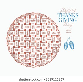 Vector Hand Drawn Thanksgiving Dinner Dish Illustration. Festive Food Illustration. Vintage Style Pie