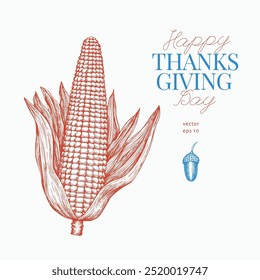 Vector dibujado a mano ilustración de la comida de la cena de Acción de Gracias. Ilustración de comida festiva. Antiguas Style Corn