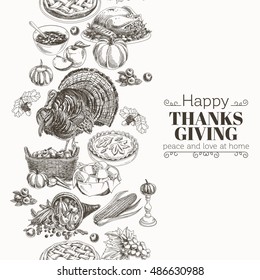 Vector hand drawn thanksgiving Illustration. Vintage style. Border. Repeating background. Sketch