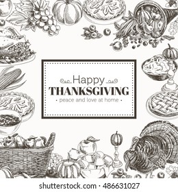 Vector hand drawn thanksgiving Illustration. Vintage style. Retro food background. Sketch