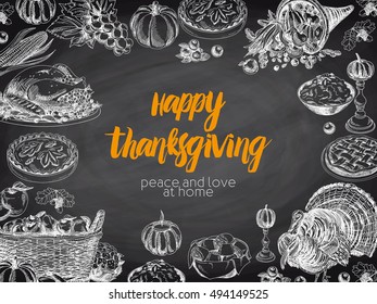 Vector hand drawn thanksgiving Illustration. Vintage style. Retro food background. Sketch