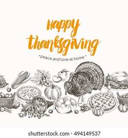 Vector hand drawn thanksgiving Illustration. Vintage style. Retro food repeating background. Sketch. Border