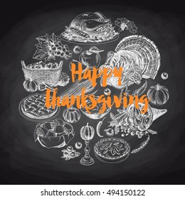 Vector hand drawn thanksgiving Illustration. Vintage style. Retro food background. Sketch