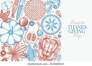 Vector Hand Drawn Thanksgiving Menu Design Template. Festive Food Illustration. Vintage Style Family Dinner Background