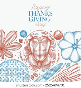 Vector Hand Drawn Thanksgiving Menu Design Template. Festive Food Illustration. Vintage Style Family Dinner Background