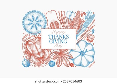 Vector Hand Drawn Thanksgiving Menu Design Template. Festive Food Illustration. Vintage Style Family Dinner Background