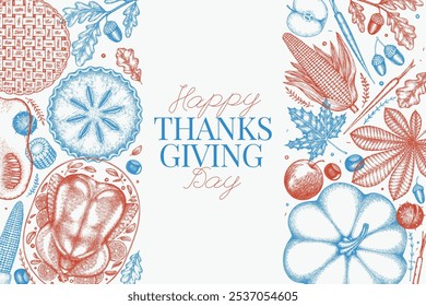 Vector Hand Drawn Thanksgiving Menu Design Template. Festive Food Illustration. Vintage Style Family Dinner Background