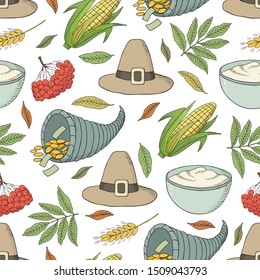Vector hand drawn Thanksgiving seamless pattern. White background with different objects symbolizing the holiday