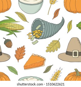 Vector hand drawn Thanksgiving seamless pattern. White background with different objects symbolizing the holiday. 