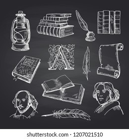 Vector hand drawn theatre elements set on black chalkboard background illustration