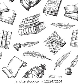 Vector hand drawn theatre elements pattern or background illustration. Books literature backdrop, feather sketching, quill for writing