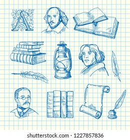 Vector hand drawn theatre elements set on blue cell sheet background illustration