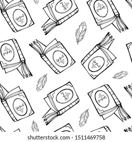 Vector hand drawn theatre library elements pattern or background illustration. Books literature backdrop, feather sketching, quill for writing