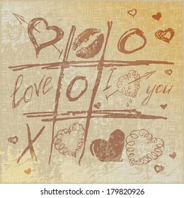 vector Hand drawn Tic Tac Toe Hearts, Valentine linen canvas background. The valentine's day. Love heart. Hand-drawn icons symbols. Art vintage illustration.