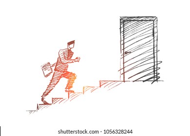 Vector hand drawn time and work concept sketch. Business man in hurry running up the stairs to open office door.