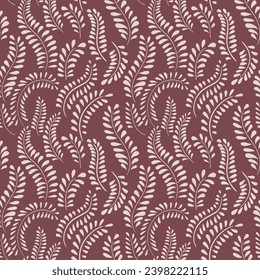 Vector hand drawn tiny branches leaves with drops pattern. Seamless simple shape leaf stems on a brown background. Design for fashion, fabric, wallpaper. 