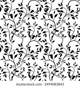 Vector hand drawn tiny branches leaves with drops pattern. Seamless simple shape leaf stems. Design for fashion, fabric, wallpaper. 