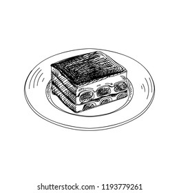 Vector hand drawn tiramisu. Dishes of Italian cuisine. Detailed retro style Illustration. Vintage sketch element for labels, packaging and cards design. Modern background.