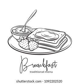 Vector hand drawn toast with jam. Illustration concept breakfast for food menu design. Retro style