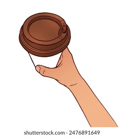 Vector hand drawn top view illustration of hand holding disposable paper takeaway coffee cup