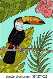 Vector hand drawn toucan bird tropical illustration for postcard, poster. Can be used for adult coloring book (easy to remove colors).
