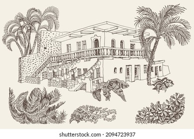 Vector hand drawn trace of urban landscape with palm trees, medieval old town street houses. Brown doodle sketch on a beige background. Tee shirt print, brochure cover, adults coloring book page