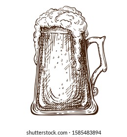 vector hand drawn traditional beer glass full of wheat beer with foam. Beautiful vintage etched beer mug or tankard with dropping froth isolated on white background. Alcoholic beverage in glassware.