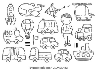 Vector hand drawn transport set. Boys toys, kids clip art. City, air transport - cars, bus, train, plane, kite, rocket, ambulance, helicopter. Vehicles for kids design, coloring books