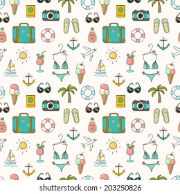 Vector hand drawn travel on vacation summer seamless pattern
