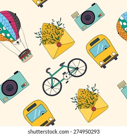 Vector hand drawn travel seamless pattern.
