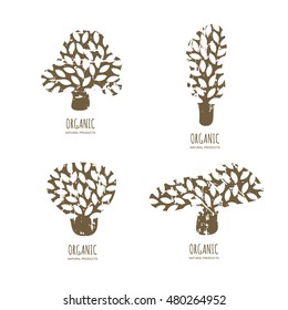Vector hand drawn tree logo or emblem design elements. Set of abstract tree icons with grunge removable texture. Concept for natural organic products, ecology, environmental.