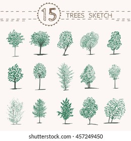 vector hand drawn tree silhouettes in green color. Travel and ecology concept. Perfect as emblems, labels and badges. EPS 8