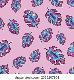 Vector Hand Drawn Trend Neon Palm Leaves Seamless Pattern on Pink Background. Tropical palm leaves, jungle leaves seamless vector floral print textile background. Retro Vintage Style Leaves Texture.